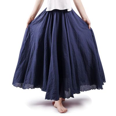 ASHER FASHION Women's Bohemian Style Elastic Waist Band Cotton Linen Long Maxi Skirt Dress (105CM, Navy Blue)