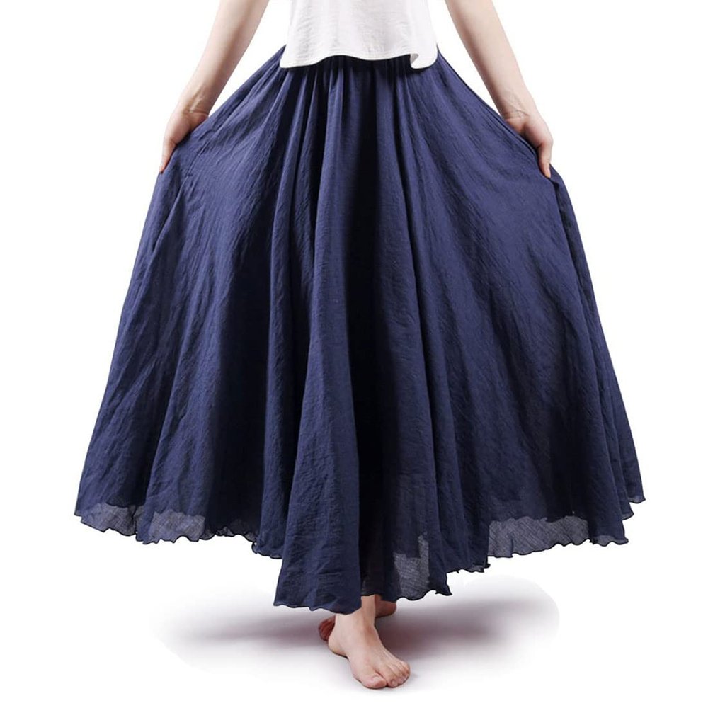 ASHER FASHION Women's Bohemian Style Elastic Waist Band Cotton Linen Long Maxi Skirt Dress (105CM, Navy Blue)