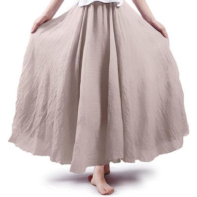 ASHER FASHION Women's Bohemian Style Elastic Waist Band Cotton Linen Long Maxi Skirt Dress (105CM, Beige)