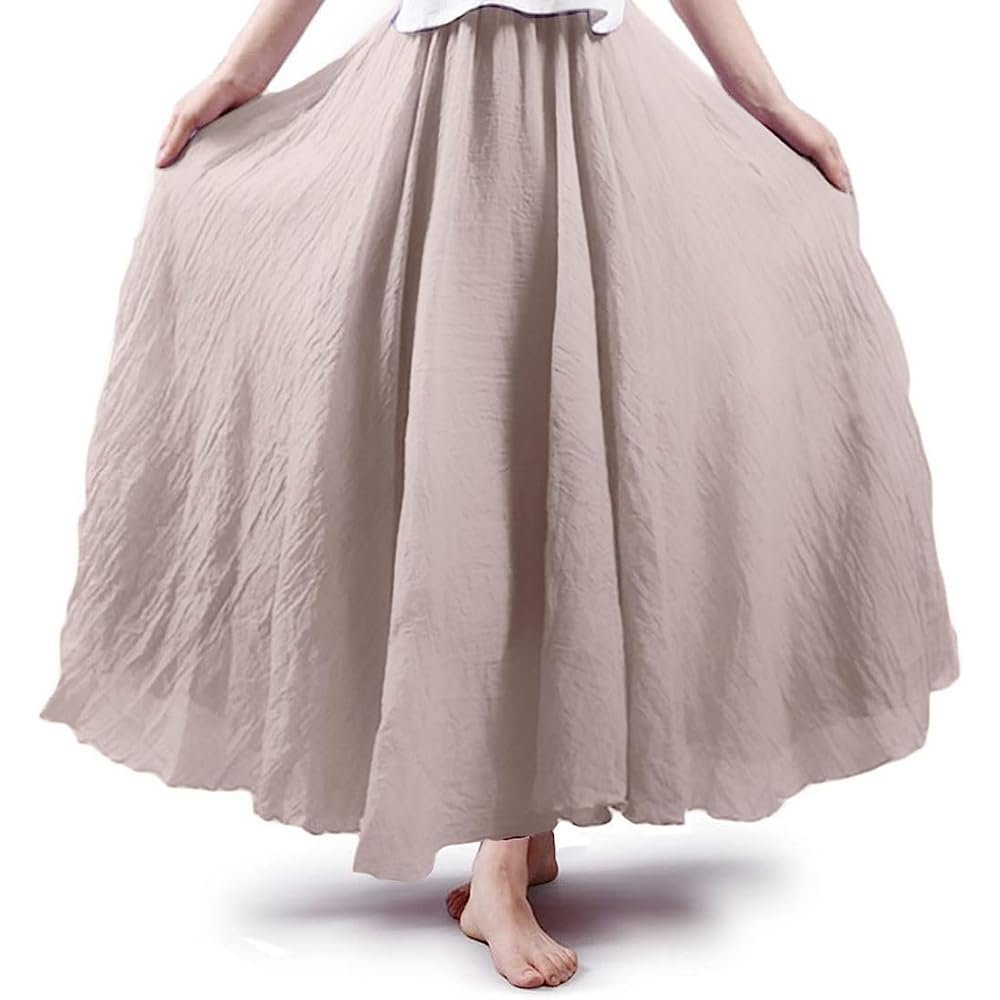 ASHER FASHION Women's Bohemian Style Elastic Waist Band Cotton Linen Long Maxi Skirt Dress (105CM, Beige)