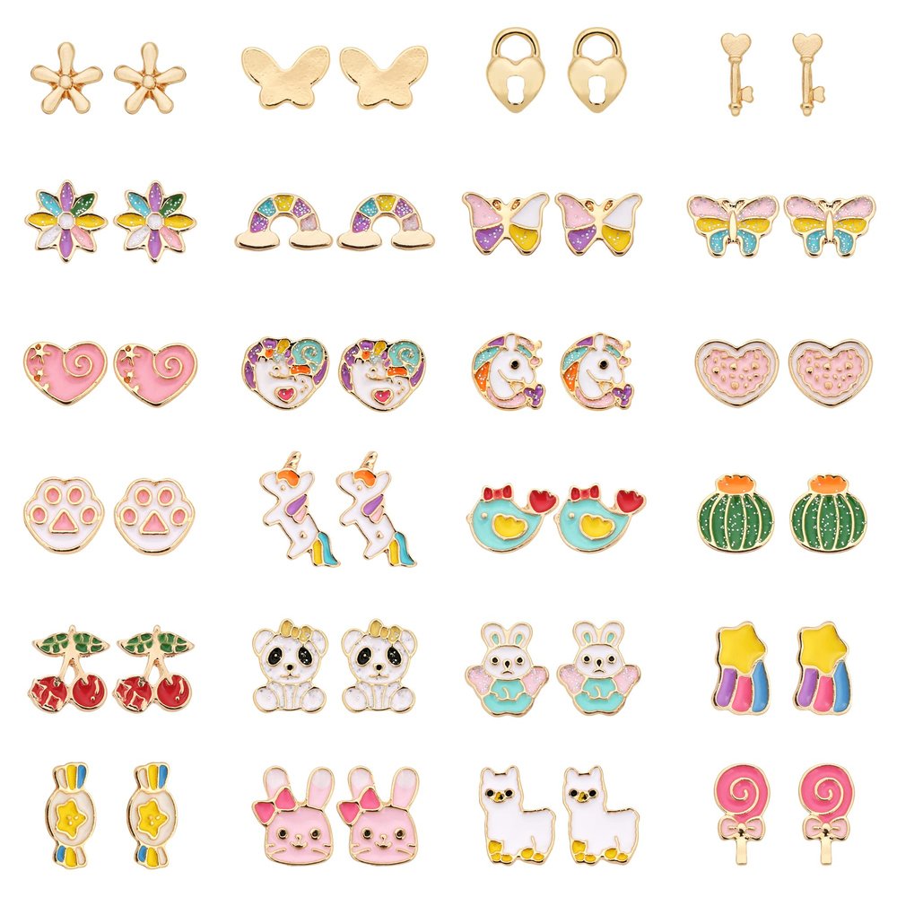 24 Pairs Hypoallergenic Stud Earrings Set for Girls Sensitive Ears With Stainless Steel Post Colorful Cute Earrings for Girls Women