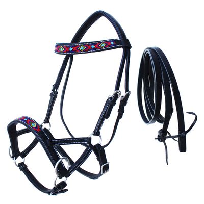 CHALLENGER Horse Western Black Leather Beaded Bitless Padded Sidepull Bridle Reins 77RS21BK
