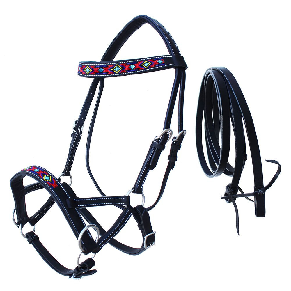 CHALLENGER Horse Western Black Leather Beaded Bitless Padded Sidepull Bridle Reins 77RS21BK