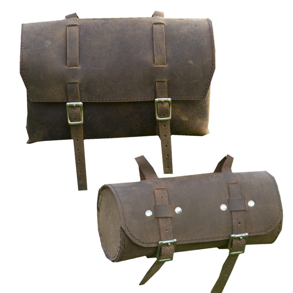 London Craftwork 2 in 1 Bike Leather Bag Set (Saddle Handlebar Bags) in Vintage Brown
