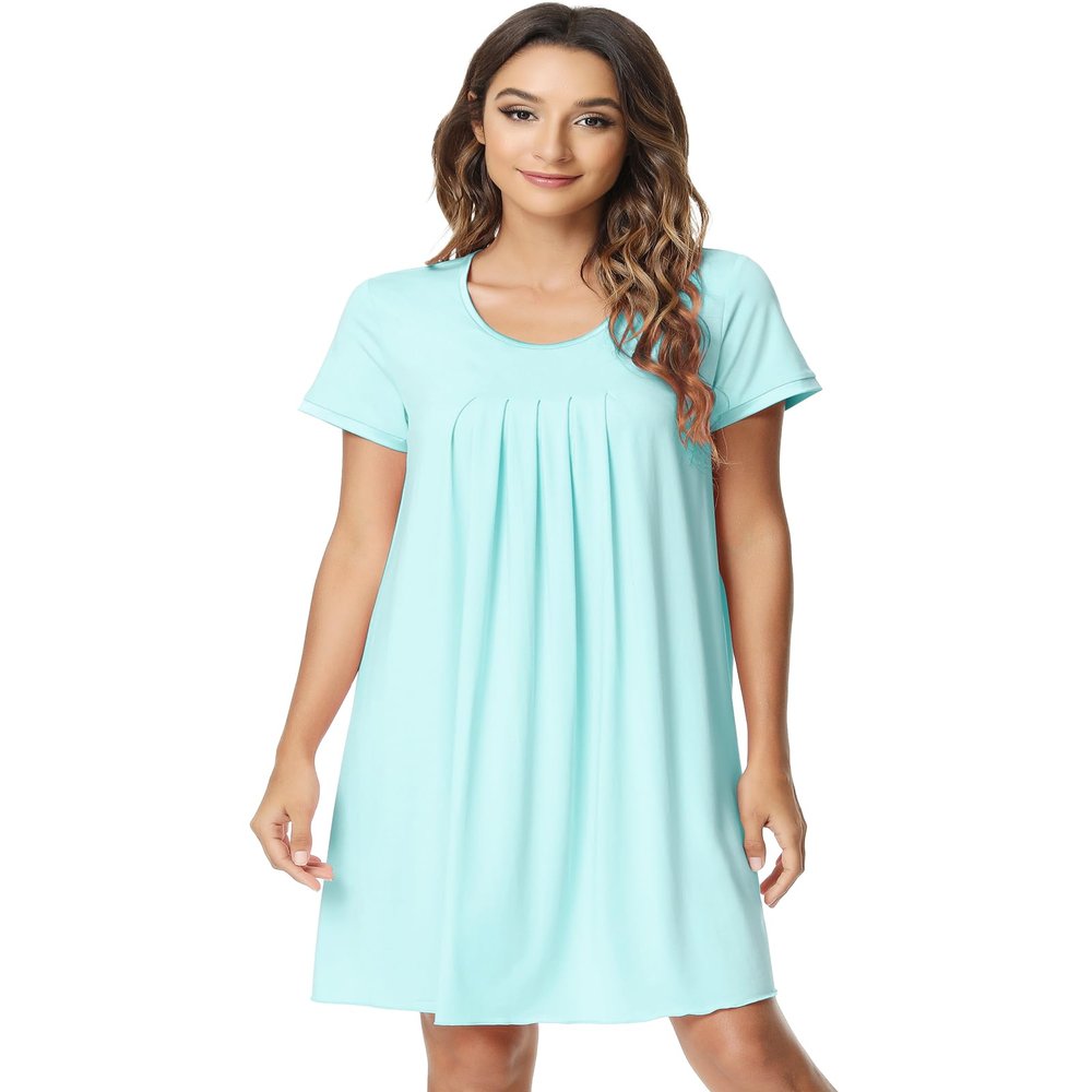 NACHILA Nightgowns for Women-Viscose Made from Bamboo, Short Sleeve Nightshirt Pleated Sleepshirts Soft Sleepwear Aqua Green XL