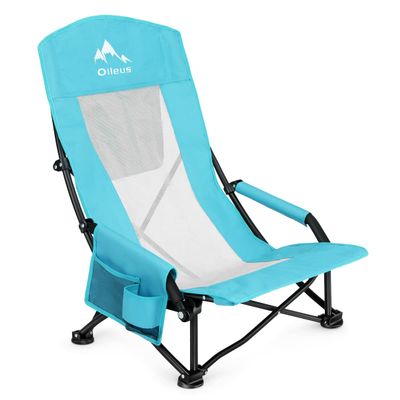 Oileus Folding Portable Beach Chair, Lightweight High Back Low Seat for Tent & Shelter & Camping, Full Mesh Back, Cup Holder, Storage/Carry Bag, Armrest - 1 Pcs
