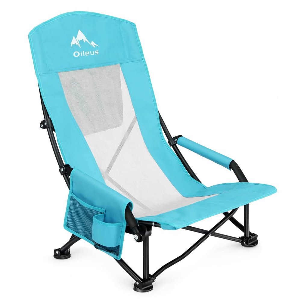 Oileus Folding Portable Beach Chair, Lightweight High Back Low Seat for Tent & Shelter & Camping, Full Mesh Back, Cup Holder, Storage/Carry Bag, Armrest - 1 Pcs