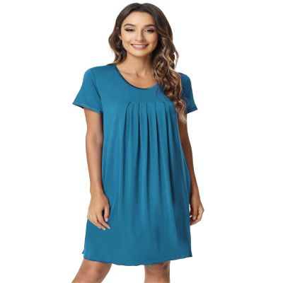 NACHILA Nightgowns for Women-Viscose Made from Bamboo, Short Sleeve Nightshirt Pleated Sleepshirts Soft Sleepwear Teal Blue XL