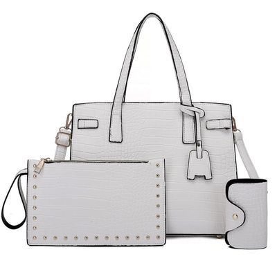 Women Handbag Leather Tote Bag Top Hand Handbag Rivet Clutch Wallet Card Hold 3 Pcs Set-White