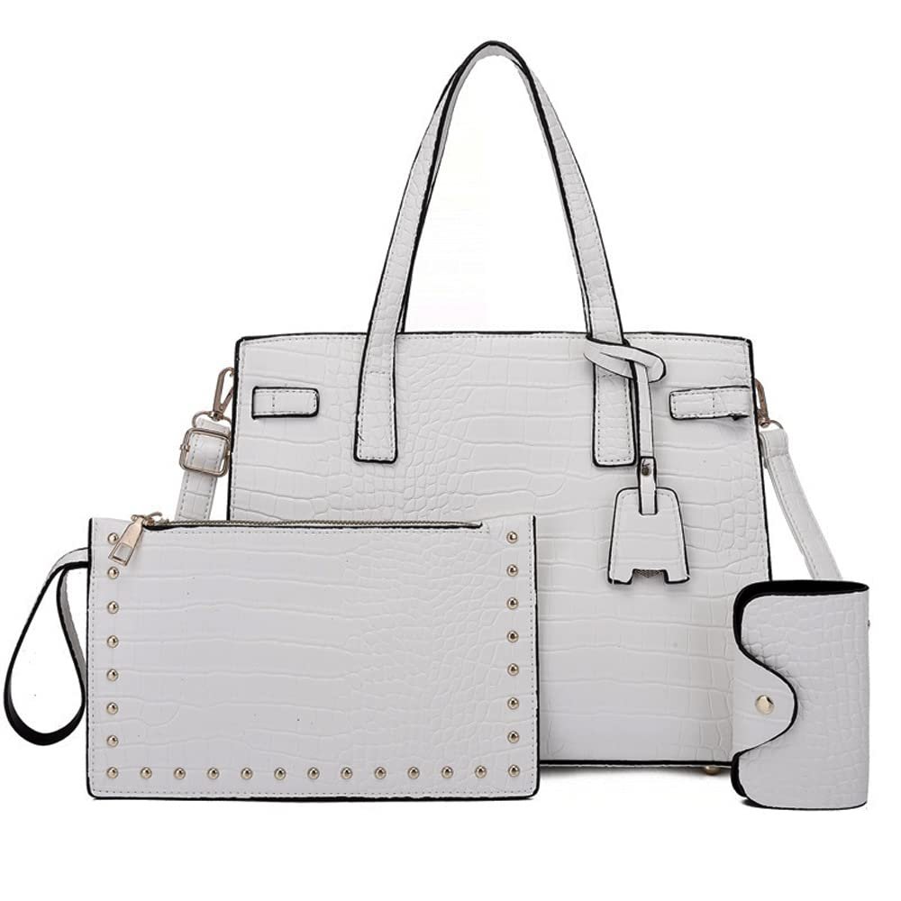 Women Handbag Leather Tote Bag Top Hand Handbag Rivet Clutch Wallet Card Hold 3 Pcs Set-White