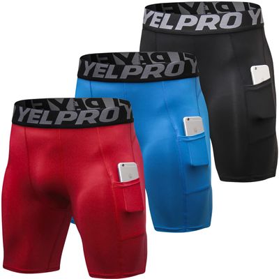 Yuerlian Compression Shorts Men with Pocket Spandex Sport Shorts Athletic Workout Running Performance Baselayer Underwear 3 Packs