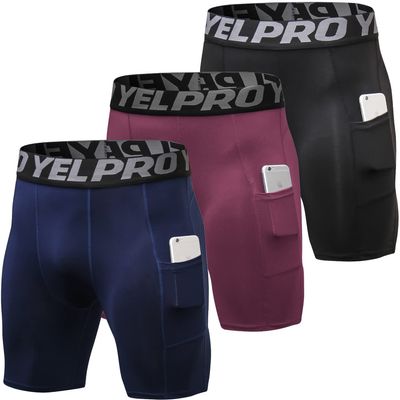 Yuerlian Compression Shorts Men with Pocket Spandex Sport Shorts Athletic Workout Running Performance Baselayer Underwear 3 Packs