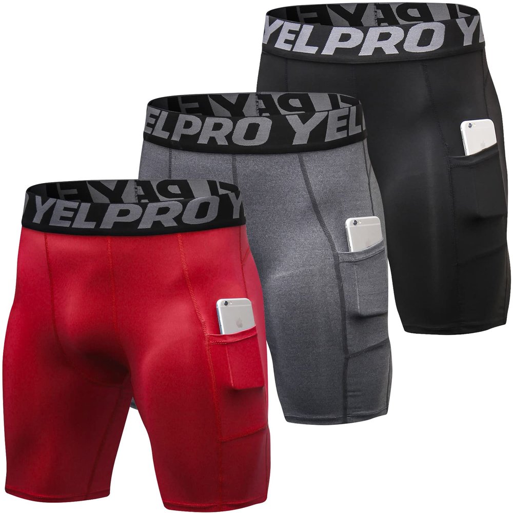 Yuerlian Compression Shorts Men with Pocket Spandex Sport Shorts Athletic Workout Running Performance Baselayer Underwear 3 Packs