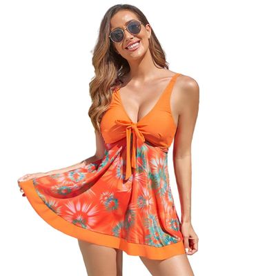 Women Swimsuits Two-Piece Mesh Skirt Floral Print Tank Top with Boyshorts Tankini Sets S-XXL Orange