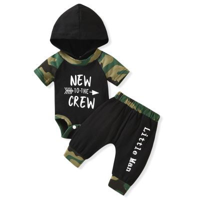 HINTINA Infant Baby Boys Spring Summer Clothes New To The Crew Camouflage Camo Hoodie Bodysuit Pants Outfits Set 3-6 Months