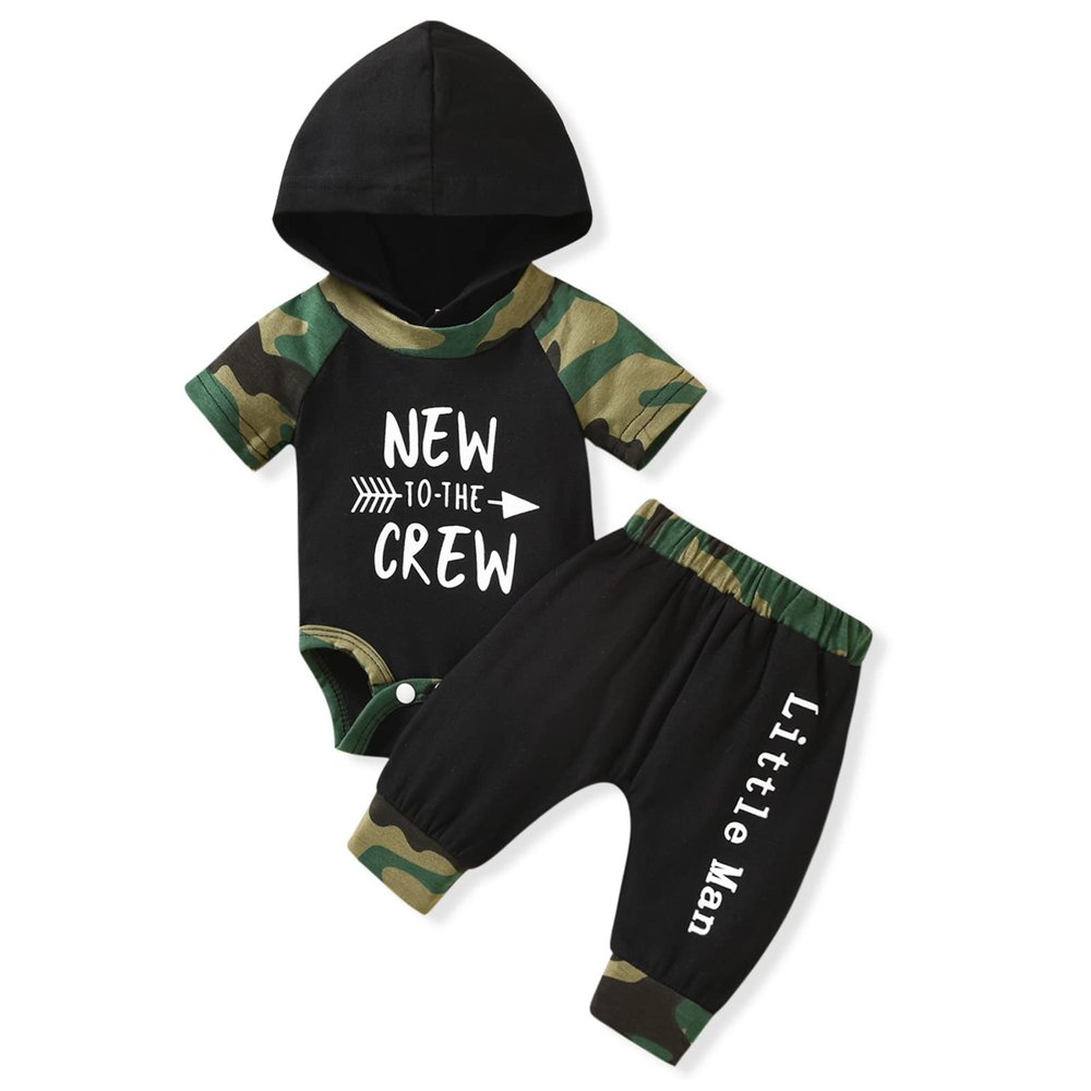 HINTINA Infant Baby Boys Spring Summer Clothes New To The Crew Camouflage Camo Hoodie Bodysuit Pants Outfits Set 3-6 Months