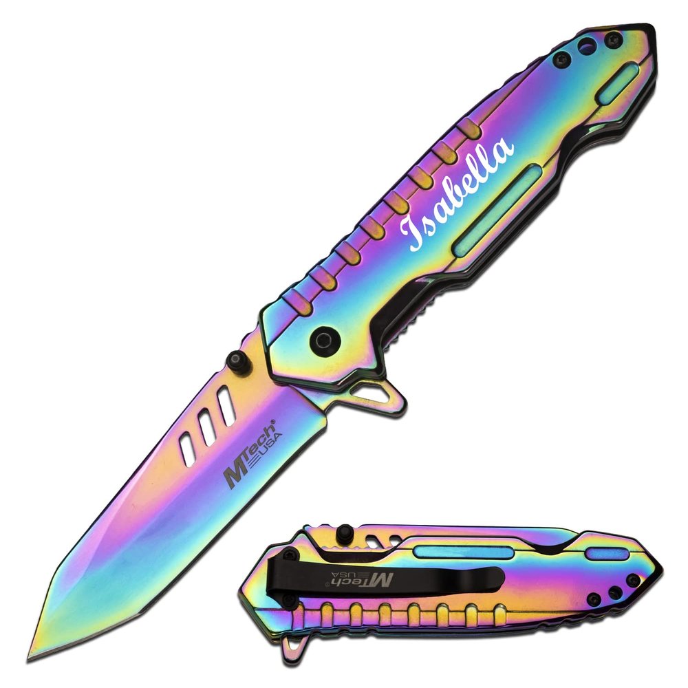 Blue Steel Perfect Personalized Engraved Pocket Knife For Everyday Carry - Perfect Valentines Gift for Boyfriend Husband Anniversary Birthday MT-927PK (Rainbow)