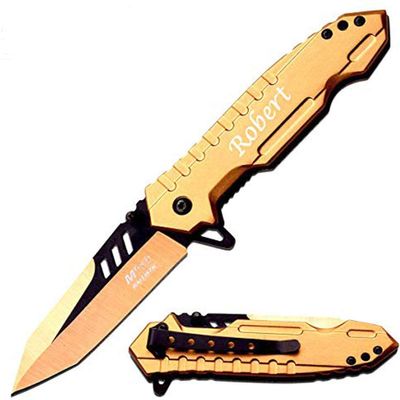 Blue Steel Perfect Personalized Engraved Pocket Knife For Everyday Carry - Perfect Valentines Gift for Boyfriend Husband Anniversary Birthday MT-927PK (Gold)