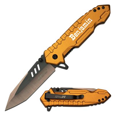 Blue Steel Perfect Personalized Engraved Pocket Knife For Everyday Carry - Perfect Valentines Gift for Boyfriend Husband Anniversary Birthday MT-927PK (Orange)