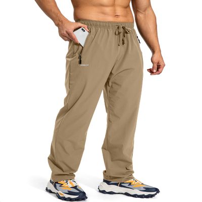 Pudolla Men's Workout Athletic Pants Elastic Waist Jogging Running Pants for Men with Zipper Pockets (Dark Khaki Large)