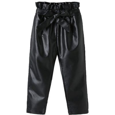 Aislor Kids Girls' Faux Leather Stretch Cargo Jogger Pants PU Sweatpants Trousers with Bowknot Lace-up Belt Streetwear Black 3-4 Years