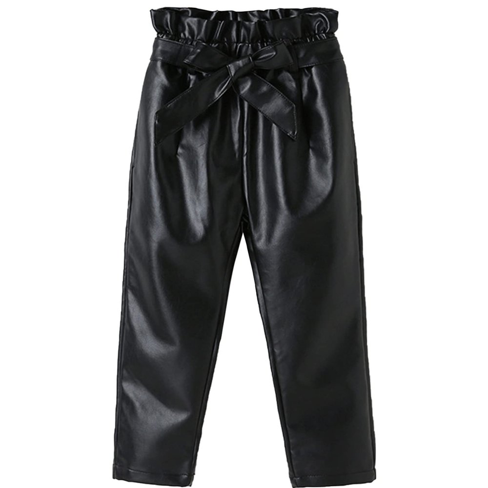 Aislor Kids Girls' Faux Leather Stretch Cargo Jogger Pants PU Sweatpants Trousers with Bowknot Lace-up Belt Streetwear Black 3-4 Years