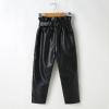 Aislor Kids Girls' Faux Leather Stretch Cargo Jogger Pants PU Sweatpants Trousers with Bowknot Lace-up Belt Streetwear Black 3-4 Years view 3