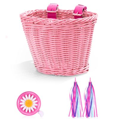 Hestya Kids Bike Basket Set, Wicker Basket, Handlebar Bicycle for Girls Colorful Streamers Daisy Bell Decoration Girls Bike Accessories Gift for Christmas Girl Boy(Pink)