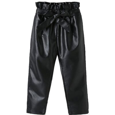 Oyolan Kids Girls Faux Leather Velvet Lining Pants with Bowknot Loose Fit Casual Thermal Warm Trousers Black 3-4 Years