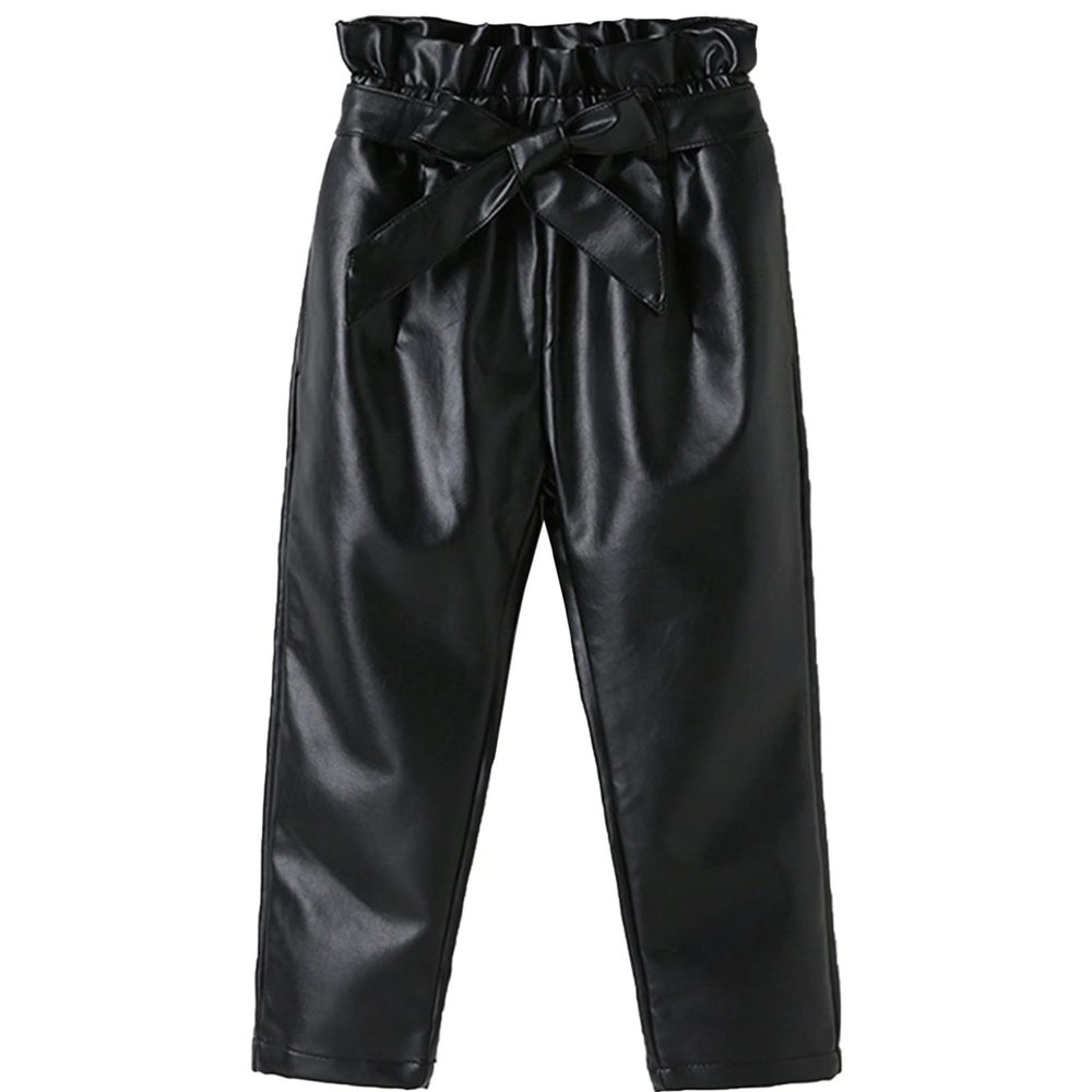 Oyolan Kids Girls Faux Leather Velvet Lining Pants with Bowknot Loose Fit Casual Thermal Warm Trousers Black 3-4 Years