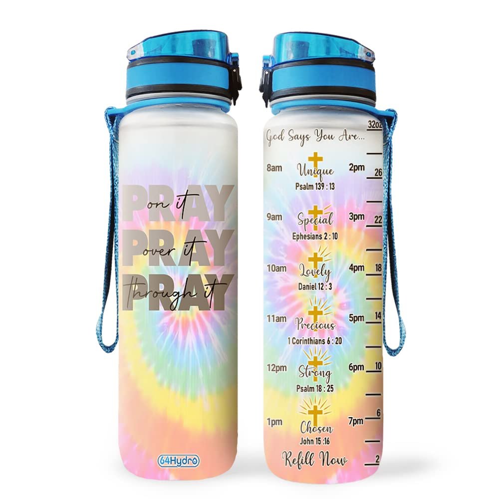 64HYDRO 32oz 1Liter Motivational Water Bottle with Time Marker, Faith Pray Tie Dye Christian Gifts Design - HLMZ1305002Z