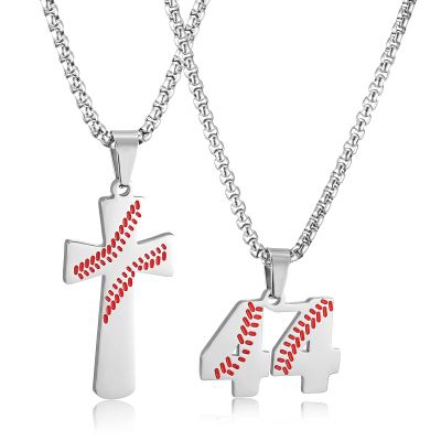 RWQIAN Baseball Necklace for Men Baseball Number Pendant Necklace Stainless Steel Men Baseball Cross Necklace and Number 44 Chain Set Jewelry Gift