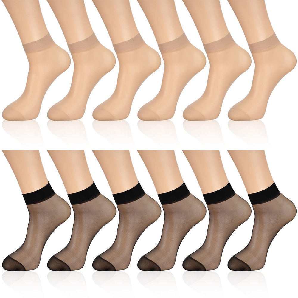 Geyoga 12 Pairs Sheer Ankle Socks Thin Nylon Transparent Ankle High Hosiery Socks Short Dress Stockings for Women(Medium,Black, Nude Color)