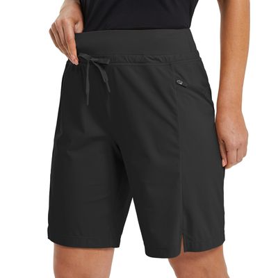 baleaf Women's Hiking Long Shorts 9" Quick Dry Hiking Bermuda Cargo for Curvy Lightweight Knee Length Shorts Pockets Black Size S