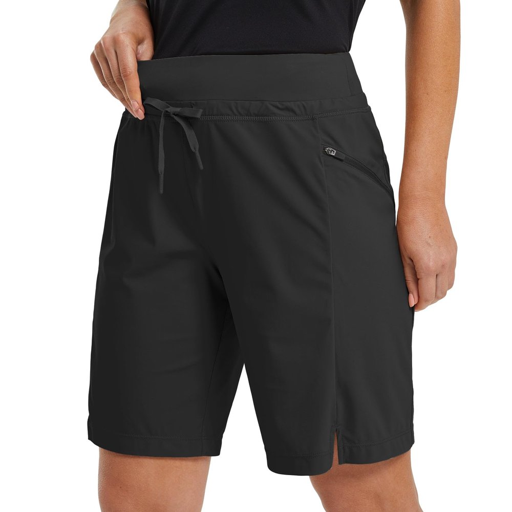 baleaf Women's Hiking Long Shorts 9" Quick Dry Hiking Bermuda Cargo for Curvy Lightweight Knee Length Shorts Pockets Black Size S