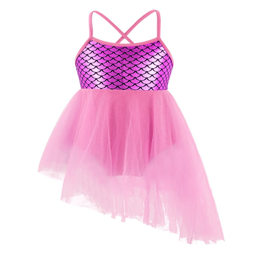 Daenrui Kids Girls Shiny Dance Dress Leotard Irregular Ruffles Skirts Ballet Lyrical Dance Praise Dresses Pink 4 Years