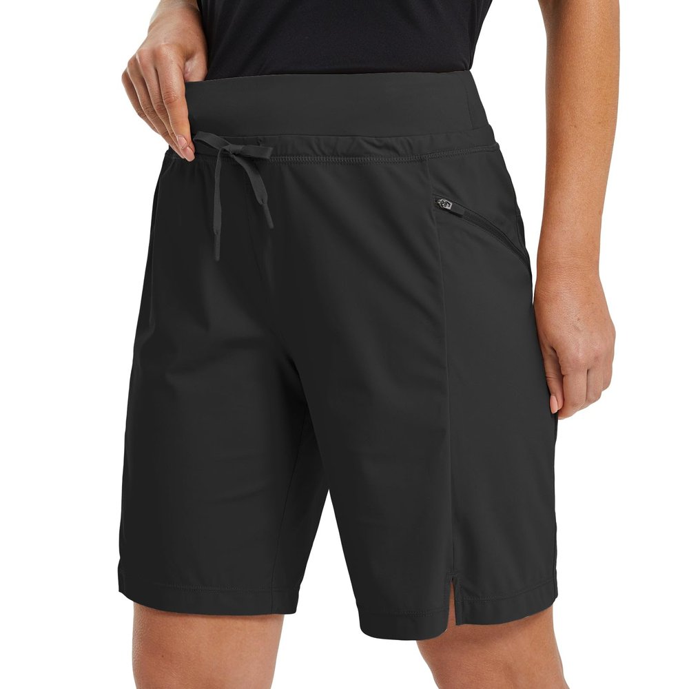 baleaf Women's Hiking Long Shorts 9" Quick Dry Hiking Bermuda Cargo for Curvy Lightweight Knee Length Shorts Pockets Black Size L