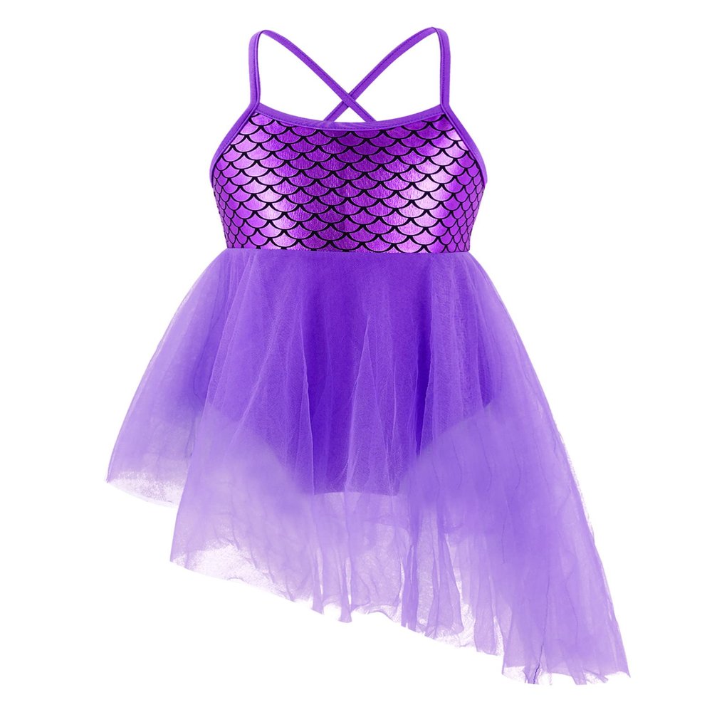 Daenrui Kids Girls Shiny Dance Dress Leotard Irregular Ruffles Skirts Ballet Lyrical Dance Praise Dresses Purple 4 Years