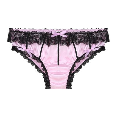 ACSUSS Men's Silky Satin Sissy Bowknot Lace Knickers Feminine Briefs Underwear 2# Pink Large