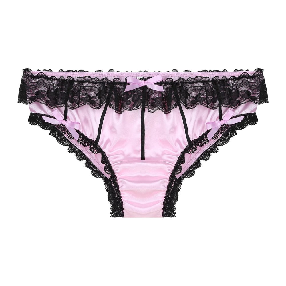 ACSUSS Men's Silky Satin Sissy Bowknot Lace Knickers Feminine Briefs Underwear 2# Pink Large
