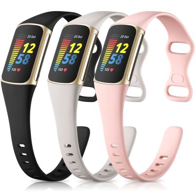 Maledan Slim Band Compatible with Fitbit Charge 5 Bands/Charge 6 Bands Women Men, Soft Silicone Adjustable Sport Band Wristbands for Fitbit Charge 5/Charge 6 Fitness Tracker, 3 Pack Black/Gray/Pink