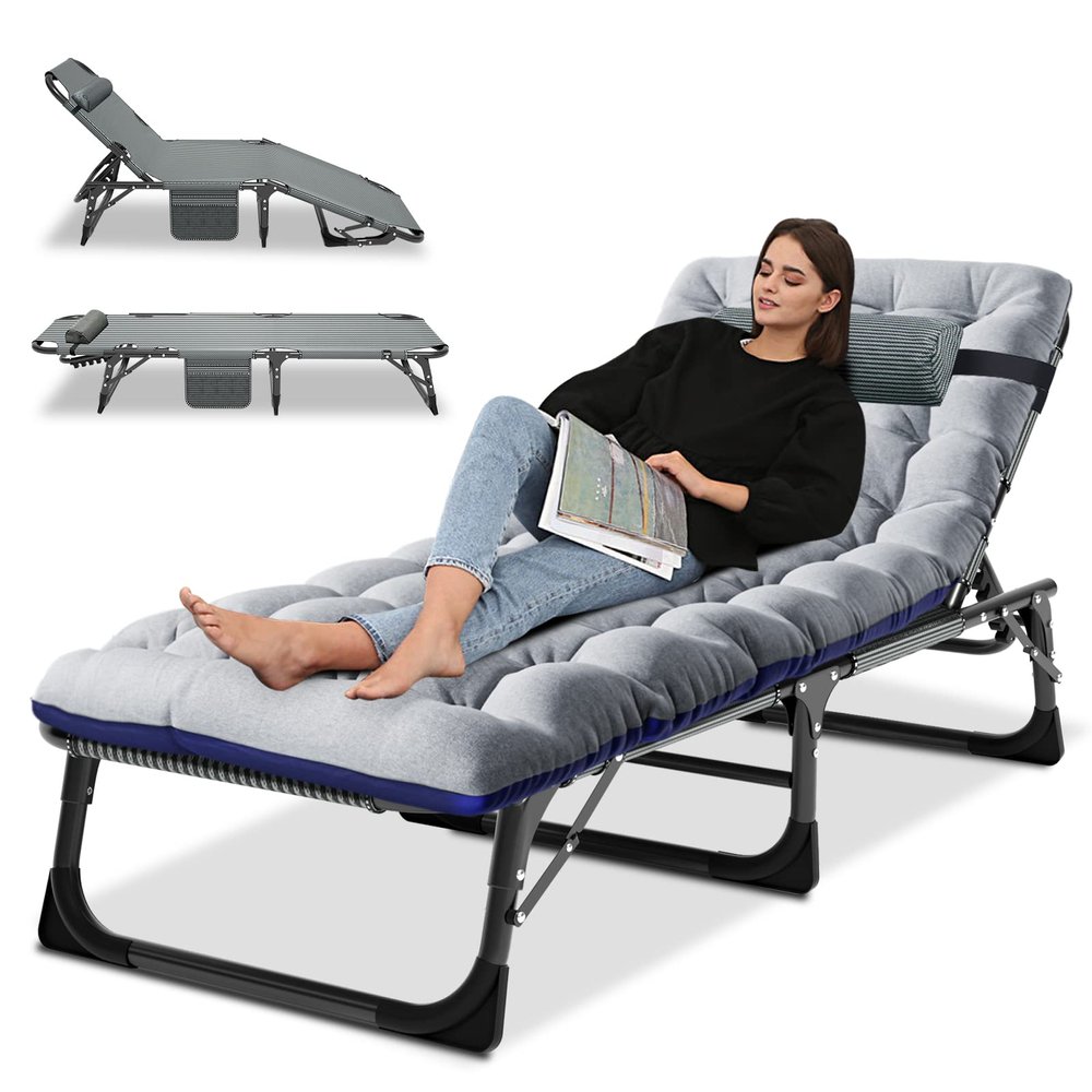 LILYPELLE Portable Folding Camping Cot, Adjustable 4-Position Adults Reclining Chaise with Pillow, Outdoor Portable Lounge Chair Sleeping Cot for Camping, Pool, Beach, Patio