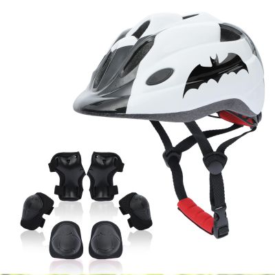 Atphfety Kids Helmet Set,Toddler Helmet for Boys Girls Age 1+ with Knee Elbow Pads Wrist Guards for Bike Skating Skateboard Cycling Scooter Rollerblading (S:50 cm - 54cm/19.7-21.2 inch, Bat-White)