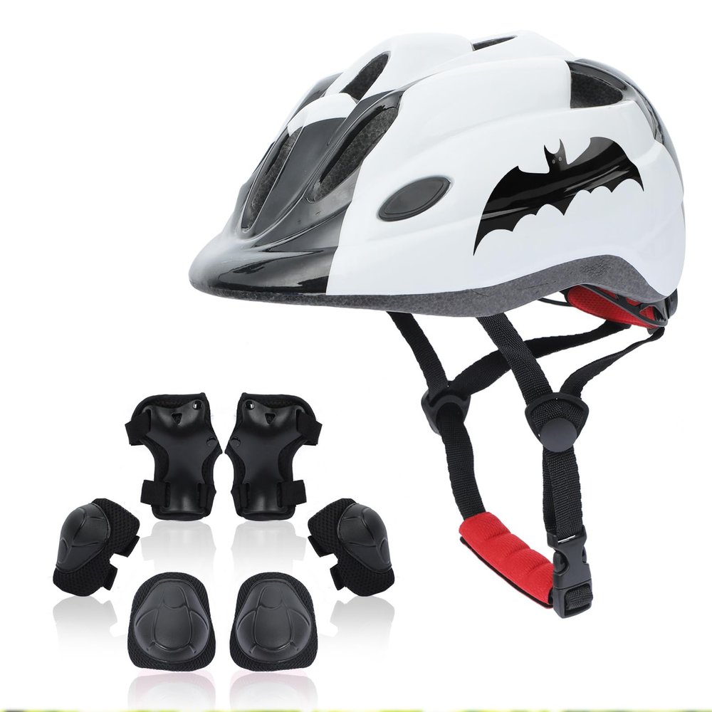 Atphfety Kids Helmet Set,Toddler Helmet for Boys Girls Age 1+ with Knee Elbow Pads Wrist Guards for Bike Skating Skateboard Cycling Scooter Rollerblading (S:50 cm - 54cm/19.7-21.2 inch, Bat-White)