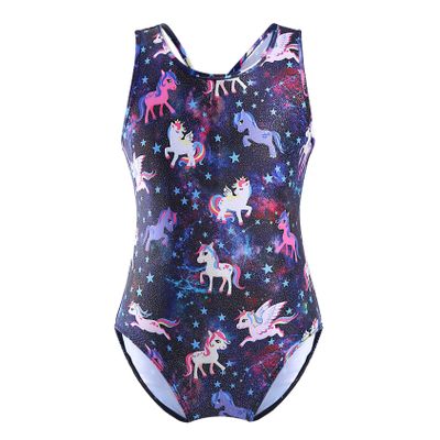 Daenrui Kids Girls Metallic Sleeveless Open Back Gymnastics Ballet Dance Leotard Athletic Bodysuit Pegasus Black 12-14 Years