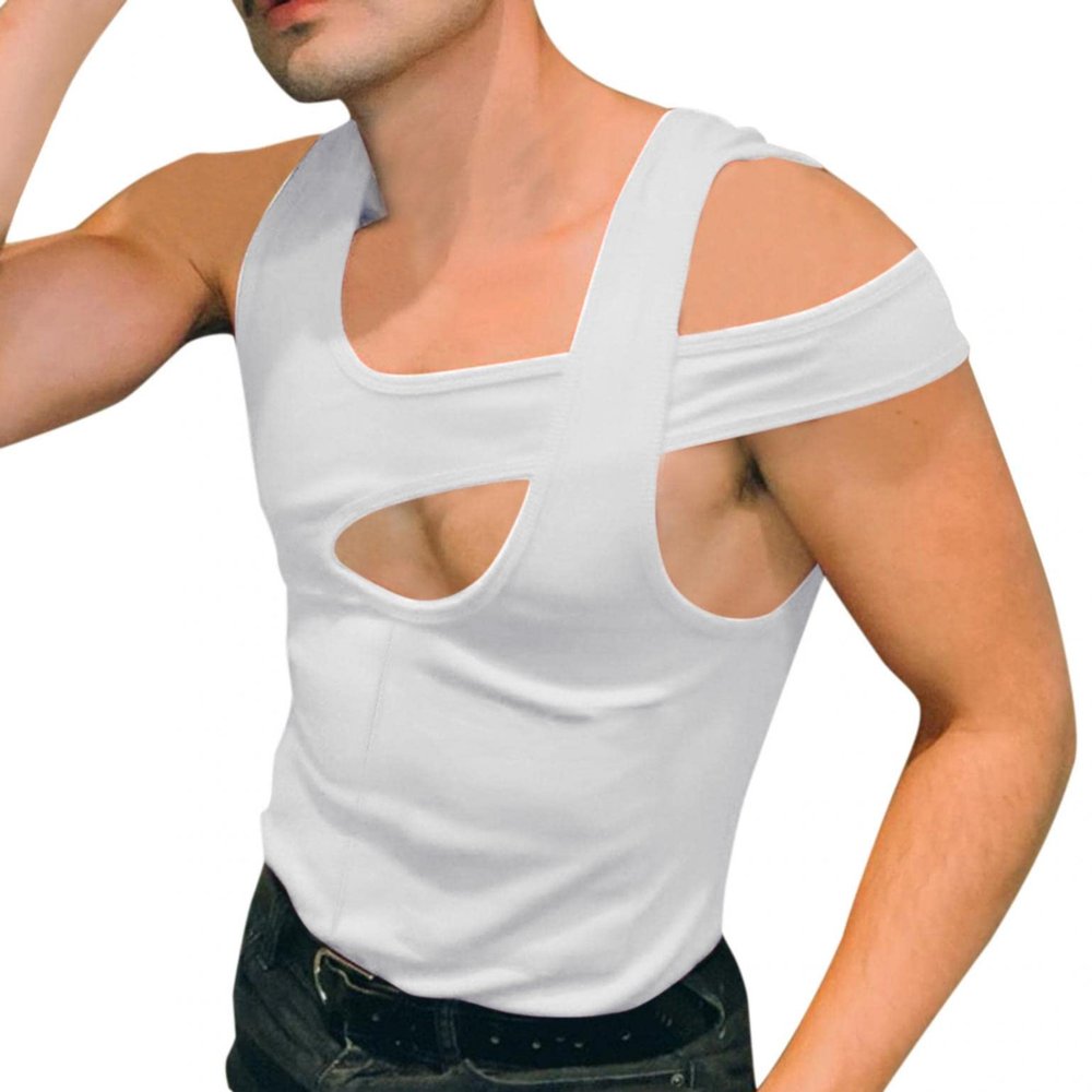 Mens Tank Tops Sexy Irregular Sleeveless Tee Shirt Fashion Hollow Out Lightweight Designer Tops for Yoga Beach Vacation White