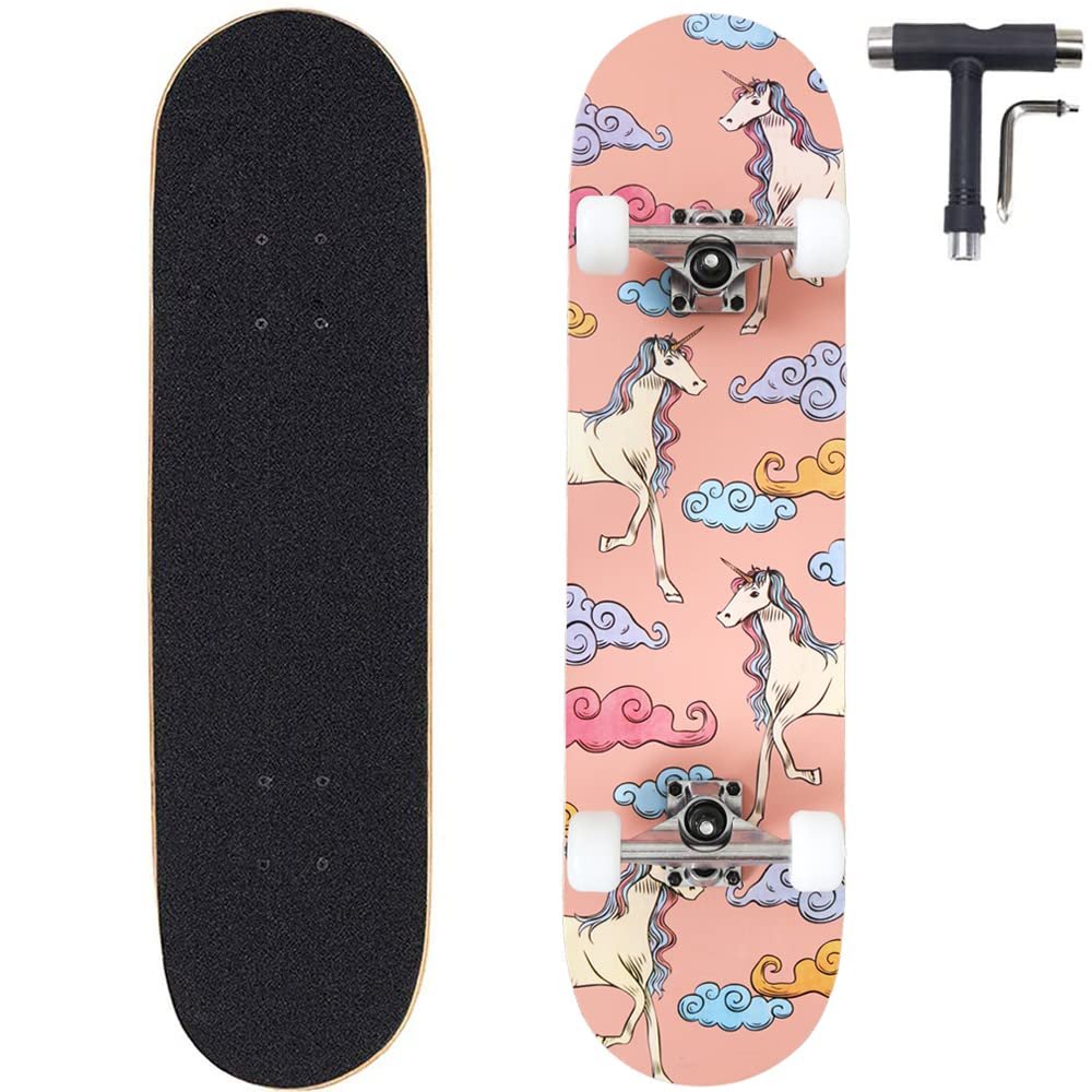 ANNEE 31x8 Inch Skateboard Complete for Beginners,7 Layer Maple Wood Double Kick Concave Skate Boards, Tricks Skateboards for Youths,Beginners,Girls,Boys,Kids,Teens,Adults (Unicorn)