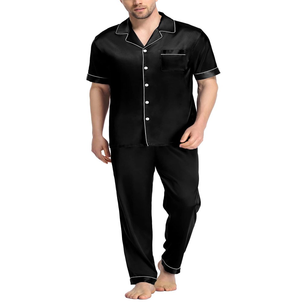 SWOMOG Mens Satin Pajama Set Short Sleeve Classic Sleepwear Button Down Silky Loungewear with Long Pants Black Large