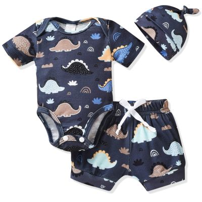 HINTINA Infant Baby Boys Dinosaur Shorts Outfits Dino Bodysuit Short Pants Summer Clothes Set 3-6 Months