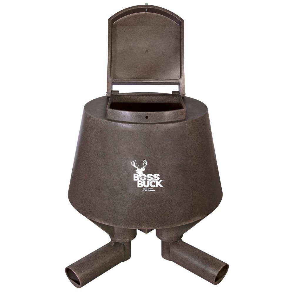 BOSS BUCK Hunting Durable Lightweight Plastic Windproof Waterproof Gravity Feed Deer Post Feeder with 4 Removable Tubes and Lid, 200 LB